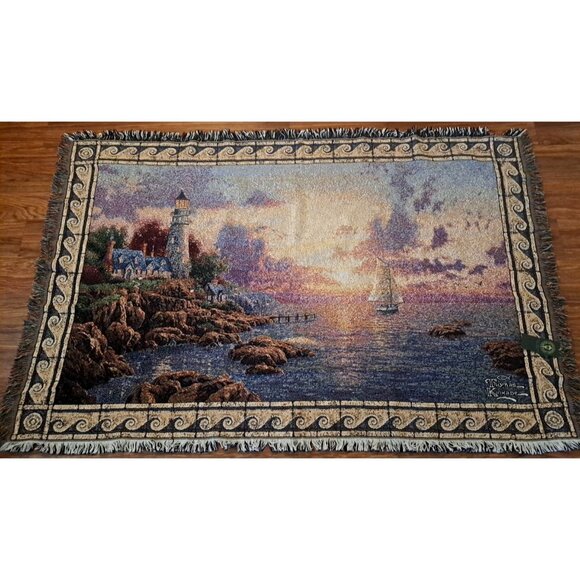 NEW Thomas Kinkade Tapestry Throw Blanket Lighthouse Sailboat Sunset 68x44 - Picture 1 of 6